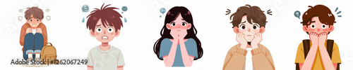 vector a teenager is feeling scared and anxious with a simple and minimalist flat design style, plain white background