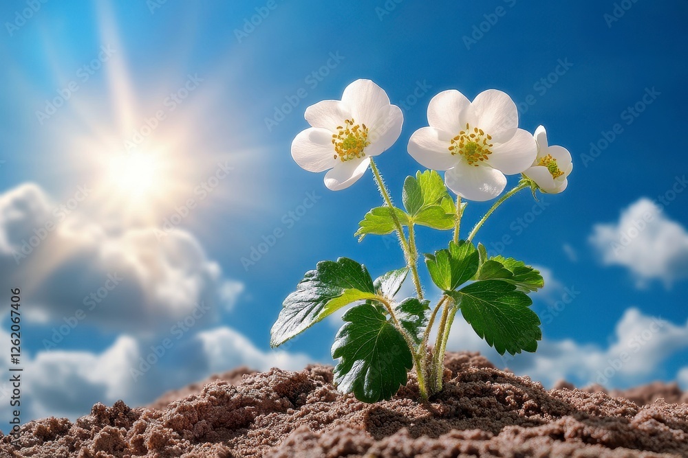 White Strawberry Blossoms Emerging in Sunshine White Strawberry Blossoms Emerging in Sunshine