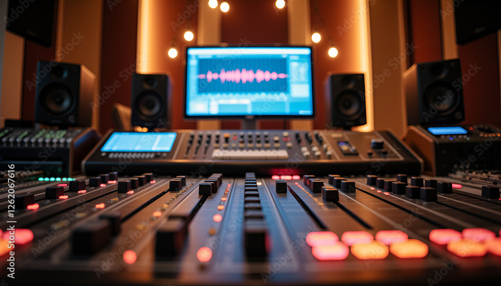 Illuminated faders on audio console - sound engineering craft Illuminated faders on audio console - sound engineering craft
