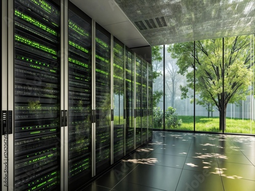 modern data center with black and green servers. outside, emphasizing harmony with nature.