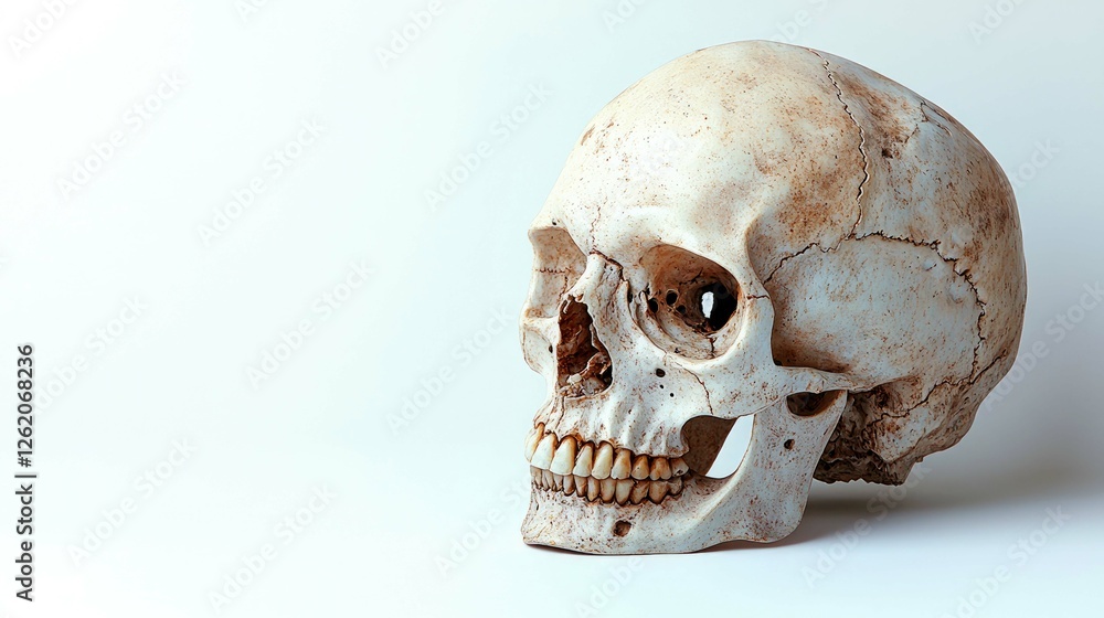 Human Skull: Anatomy, Bone Structure, and Mortality. Detailed Close-up View of a Human Skull against a White Background. Human Skull: Anatomy, Bone Structure, and Mortality. Detailed Close-up View of a Human Skull against a White Background.