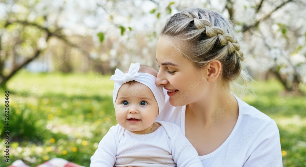 Caucasian female adult with baby in park, smiling and enjoying spring day Caucasian female adult with baby in park, smiling and enjoying spring day