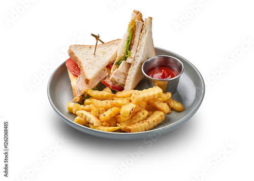 A classic club sandwich served with crispy fries and a side of ketchup.