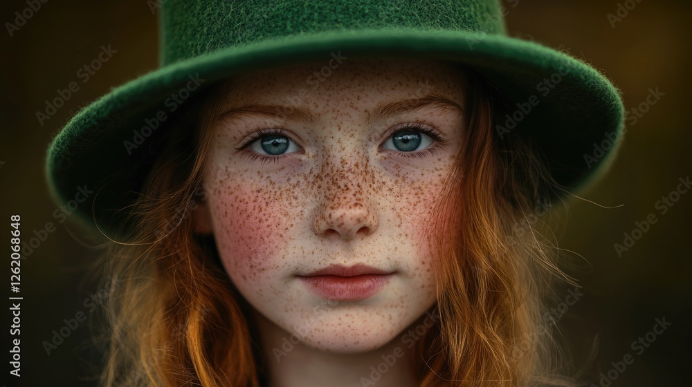 A young girl in a green hat, looking forward, possibly celebrating St Patrick's Day or showcasing traditional Irish attire. A young girl in a green hat, looking forward, possibly celebrating St Patrick's Day or showcasing traditional Irish attire.