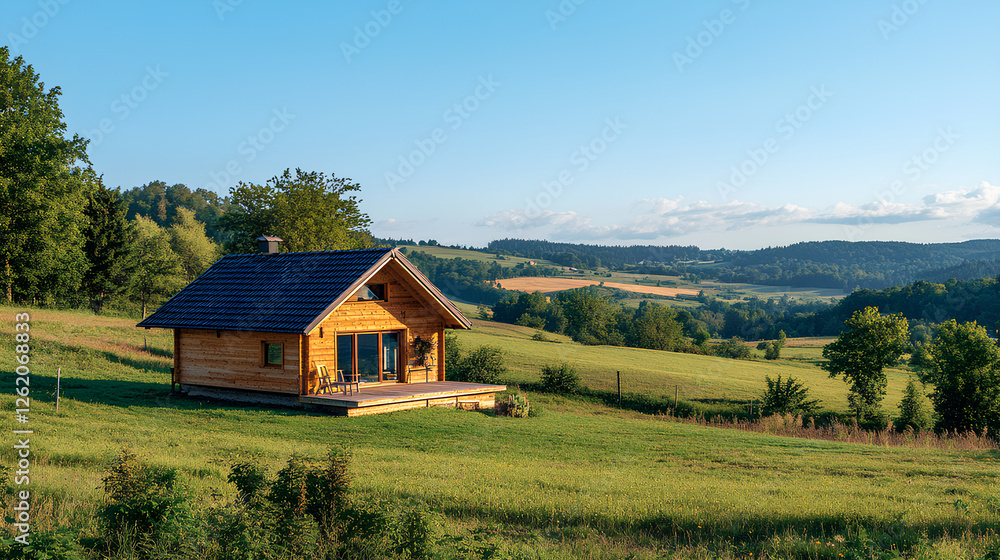 Small wooden cabin in a green field surrounded by trees under a clear blue sky captured in a tranquil rural setting with no people Small wooden cabin in a green field surrounded by trees under a clear blue sky captured in a tranquil rural setting with no people