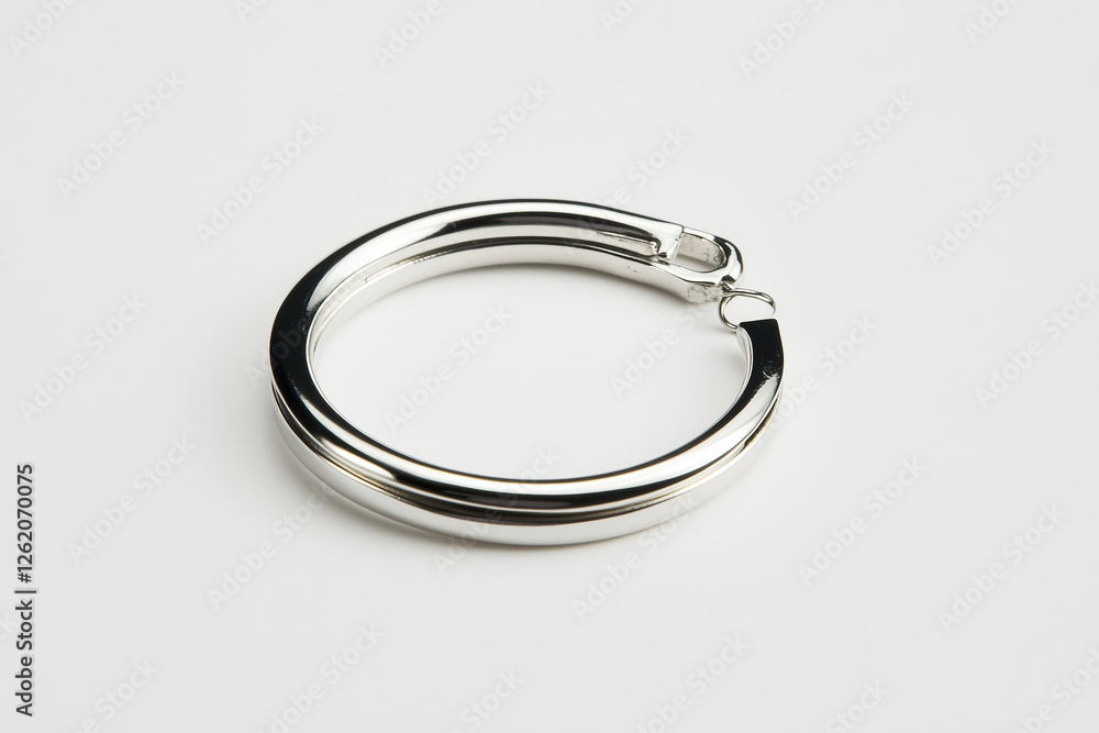 A Polished Silver Keyring Resting on a Crisp White Surface. A Polished Silver Keyring Resting on a Crisp White Surface.