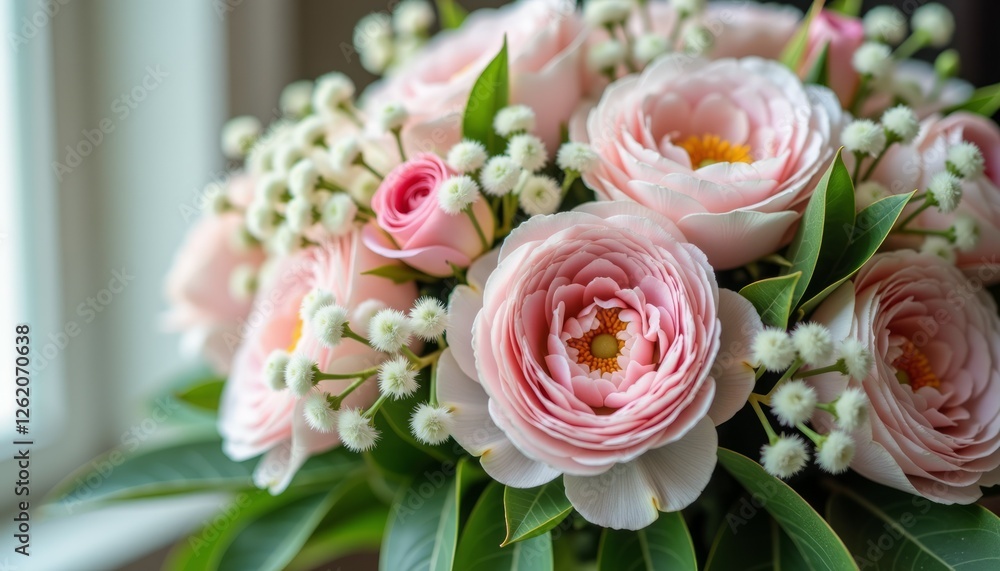 Obraz premium Delicate pink roses arranged in a beautiful bouquet indoors
