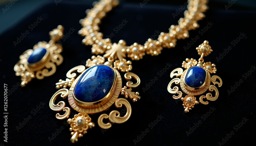 Luxury gold and lapis lazuli jewelry background featuring intricate Phoenician necklaces and earrings displayed on black velvet, opulent and refined Luxury gold and lapis lazuli jewelry background featuring intricate Phoenician necklaces and earrings displayed on black velvet, opulent and refined