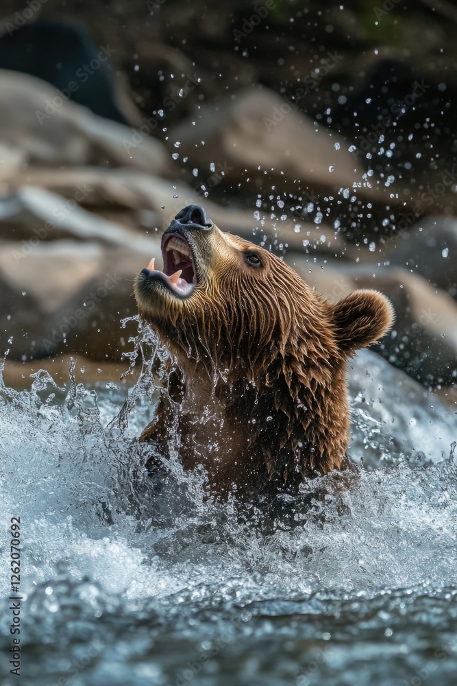 Fototapeta premium Close-up of a brown bear in the water, likely playing or cooling off. The bear's fur is wet, and it looks energetic.