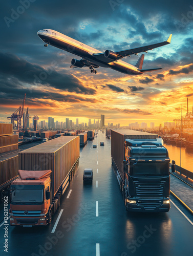 logistics, there are container truck, airplane for import export industry