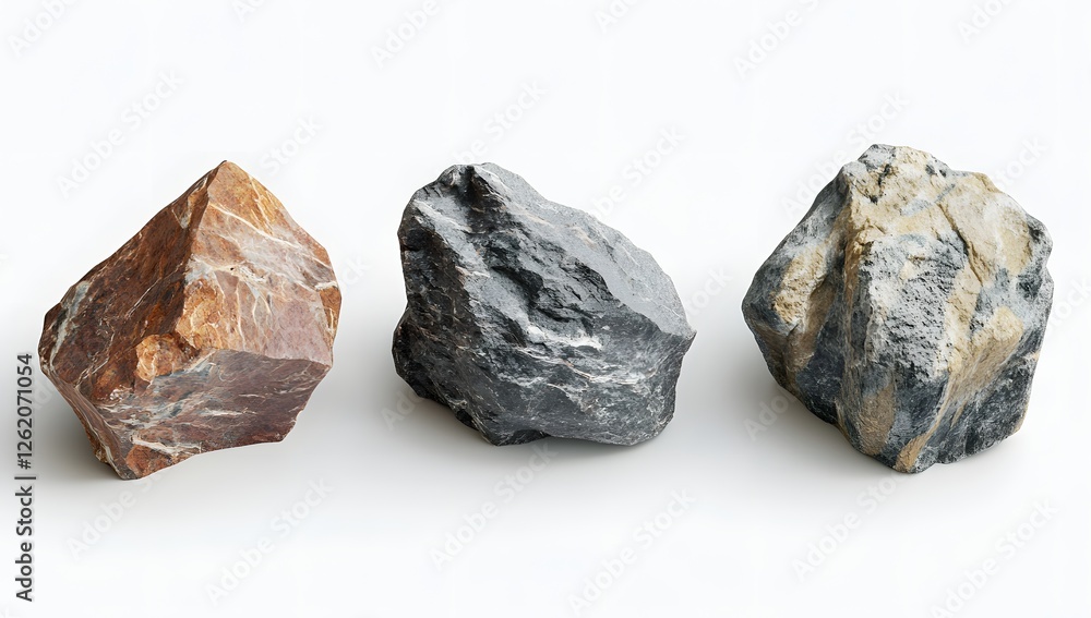 Three rocks, various colors, studio shot, background is plain white. Possible use design inspiration Three rocks, various colors, studio shot, background is plain white. Possible use design inspiration