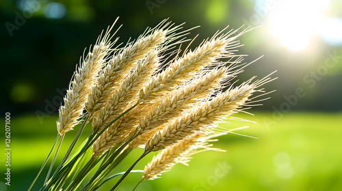 Goldene Getreideähren im Sonnenlicht auf grünem Feld – Natur und Landwirtschaft
 photo