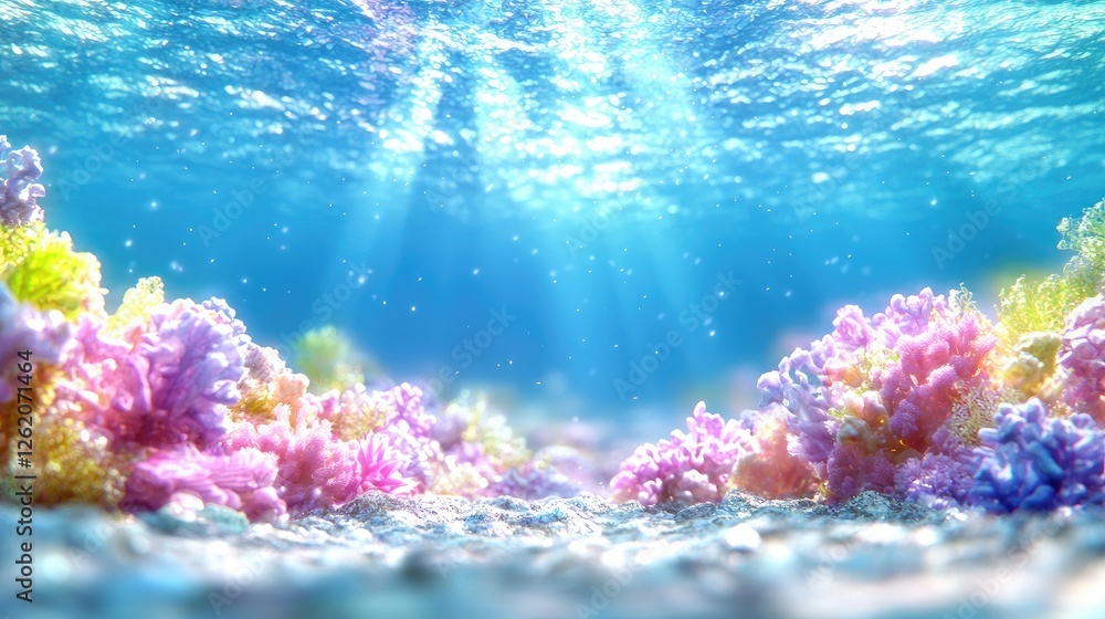 Fototapeta premium Vibrant coral reef underwater scene, sunlight beams, ocean floor