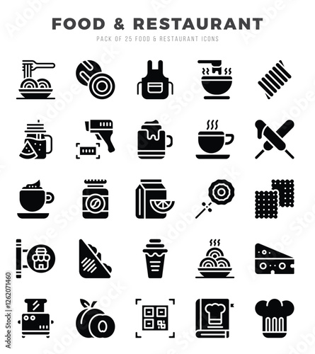 Food and Restaurant Glyph icons collection. 25 icon set in a Glyph design.
