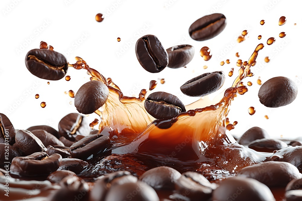Roasted coffee beans splashing into hot, dark coffee with a dramatic liquid explosion, captured in ultra-high definition with a white backdrop. Roasted coffee beans splashing into hot, dark coffee with a dramatic liquid explosion, captured in ultra-high definition with a white backdrop.