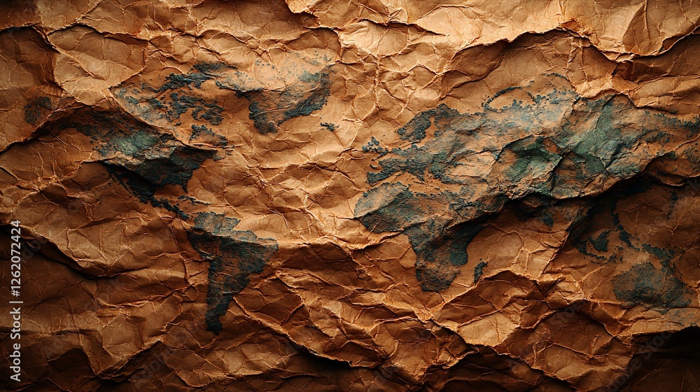 Fototapeta premium Crumpled world map on textured brown paper, showcasing geographical features and details