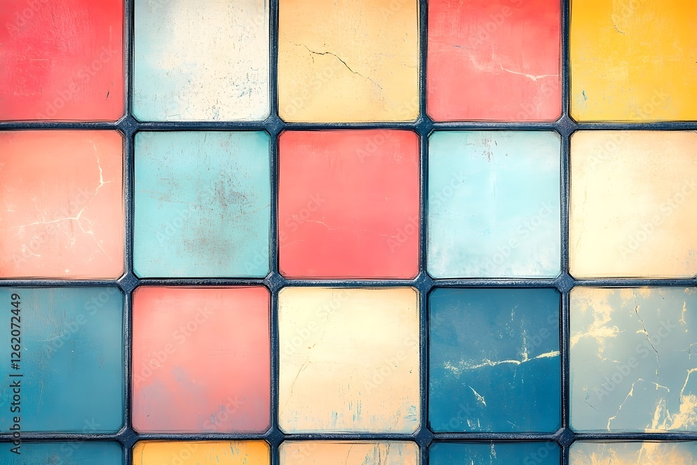 Fototapeta premium Vibrant Geometric Grid of Colorful Mosaic Tiles on Wall Surface