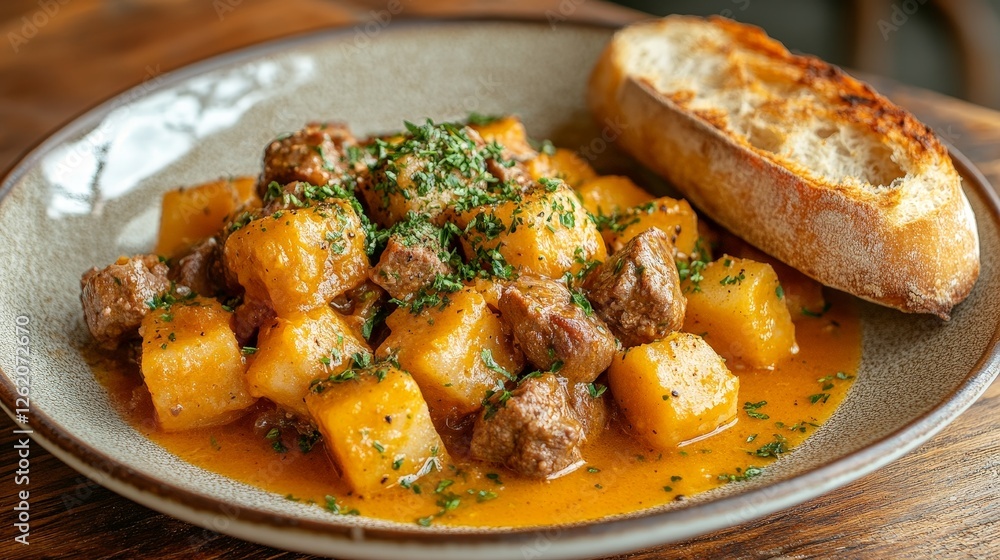 A hearty dish of beef and squash served with crusty bread on a rustic plate. A hearty dish of beef and squash served with crusty bread on a rustic plate.