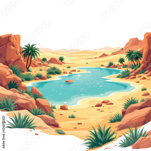 Vsai oasis landscape with palm trees and rocks surrounding a serene lake in the desert