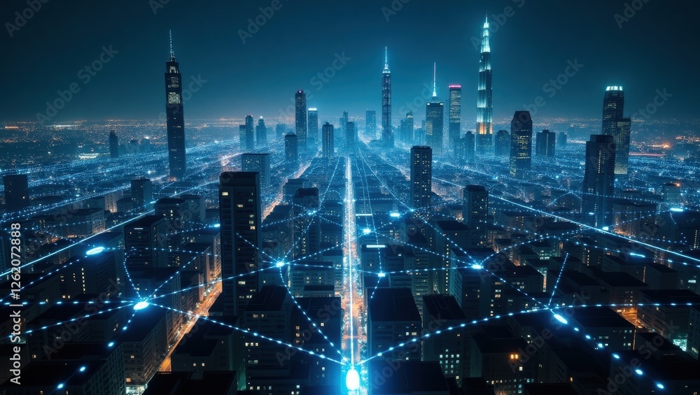 custom made wallpaper toronto digitalExploring quantum entanglement in a futuristic cityscape illuminated by vibrant networks of light connecting soaring skyscrapers