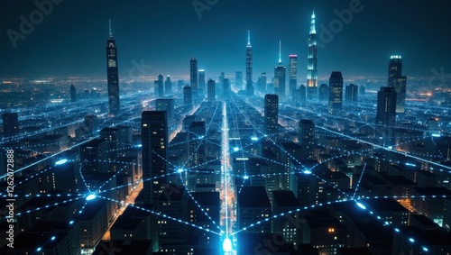 Wallpaper Mural Exploring quantum entanglement in a futuristic cityscape illuminated by vibrant networks of light connecting soaring skyscrapers Torontodigital.ca