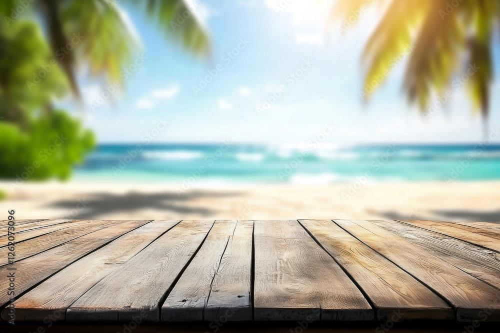 Wooden boards with blurred sea background and coconut palm leaves Wooden boards with blurred sea background and coconut palm leaves