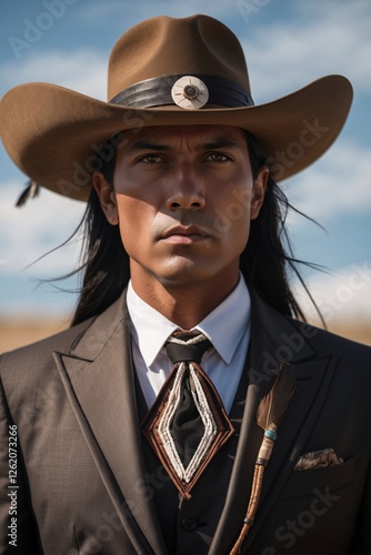 Elegance and strength converge in a breathtaking portrait of a Native American man, wearing a hat and suit while standing against a vast natural landscape under a clear blue sky