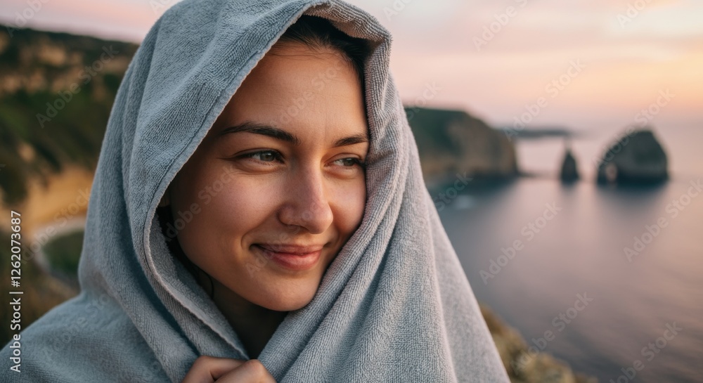Young caucasian female smiling by scenic coastal cliffs during sunset Young caucasian female smiling by scenic coastal cliffs during sunset