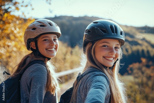 Two women enjoying a hike in scenic mountains, with backpacks and helmets ready for adventure. photo