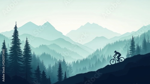Silhouette of a mountain bike rider on a forested hill with a mountain background