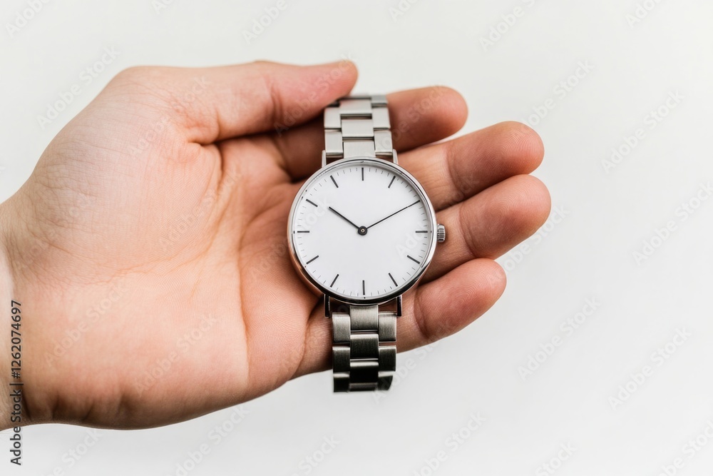 A hand held watch with a silver band and clean face, ideal for minimalist style. A hand held watch with a silver band and clean face, ideal for minimalist style.