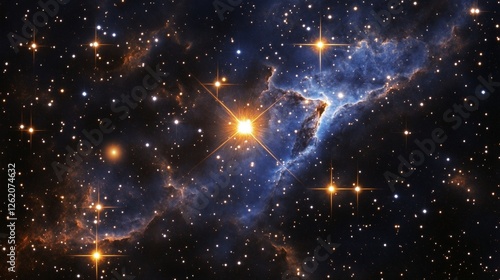 Fototapeta Naklejka Na Ścianę i Meble -  A captivating pulsar emitting a bright beam of light, set against a dense star cluster in space