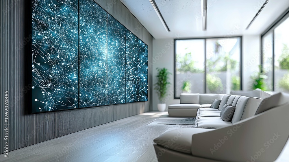 Fototapeta premium Modern Interior Design: Abstract Network Art on Wall, Luxury Living Room Decor, Elegant Home Space