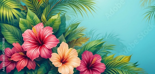 Vibrant Hibiscus Flowers and Lush Tropical Foliage