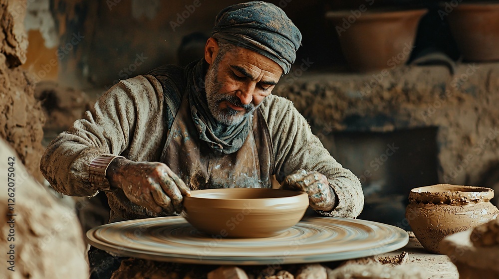The image captures an artisan skillfully shaping clay on a potter's wheel, emphasizing meticulous craftsmanship, tools, and beautifully crafted earth-toned pottery. The image captures an artisan skillfully shaping clay on a potter's wheel, emphasizing meticulous craftsmanship, tools, and beautifully crafted earth-toned pottery.