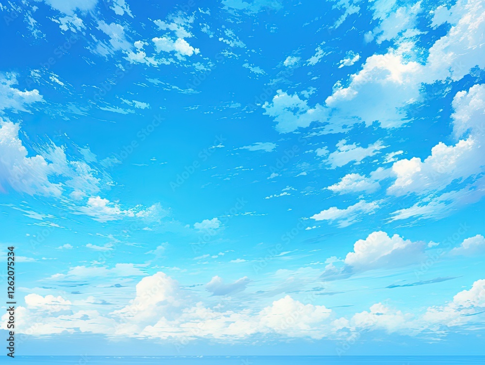 Obraz premium Clouds float in the bright blue sky above a distant sea, for background use