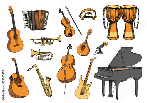 Collection of hand drawn acoustic musical instruments including guitars, accordion, violin, tambourine, bongos, trumpet, saxophone, mandolin, microphone, cello, electric guitar, and grand piano.