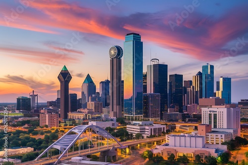 Dallas, Texas Cityscape at Sunset – Stunning Skyline with Blue Sky