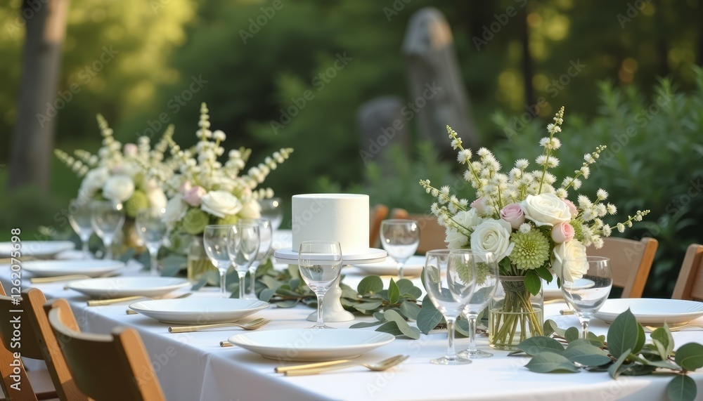 Elegantly decorated outdoor dining table setup with flowers and cake Elegantly decorated outdoor dining table setup with flowers and cake