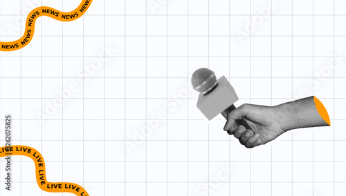 halftone collage, Live news broadcast concept with a vintage microphone and dynamic text elements. Perfect for journalism, media, and reporting themes. Modern, bold, news design