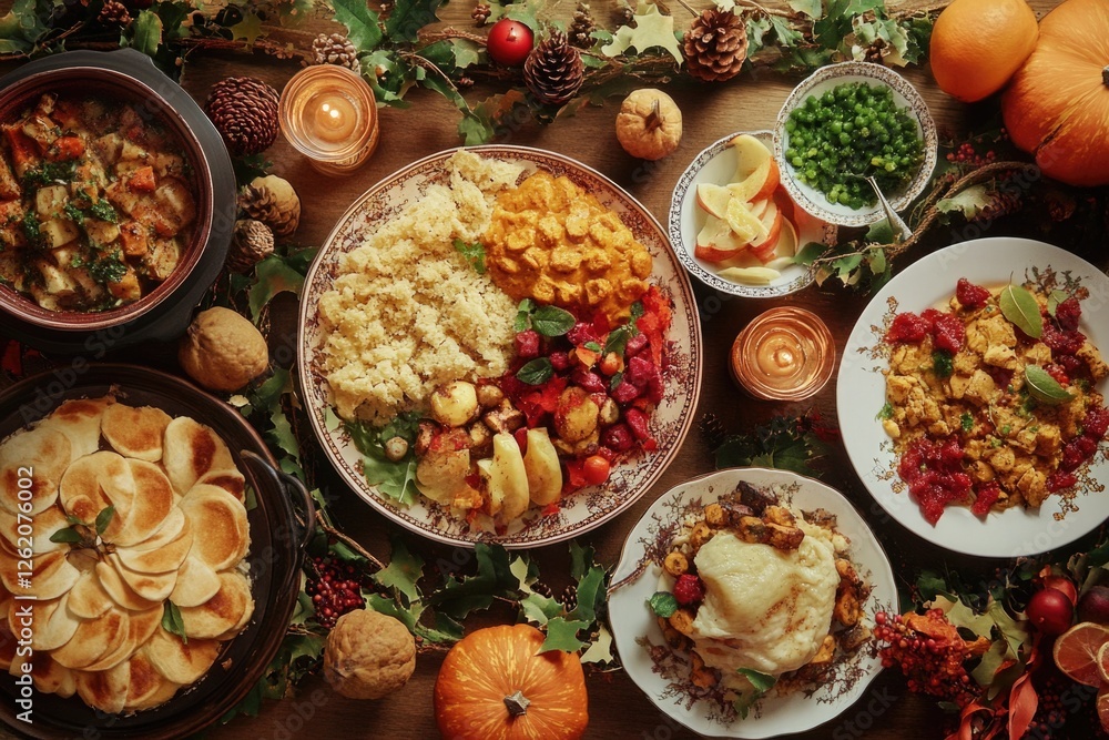 Vibrant autumn-themed table full of traditional Thanksgiving dishes, including turkey, stuffing, and pumpkin pie. Family gatherings and the festive season in focus. Vibrant autumn-themed table full of traditional Thanksgiving dishes, including turkey, stuffing, and pumpkin pie. Family gatherings and the festive season in focus.