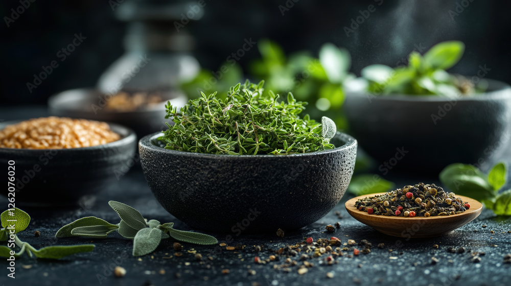 Fresh thyme in textured bowl, surrounded by various herbs and spices, creating vibrant culinary scene. rich colors and textures evoke sense of freshness and flavor