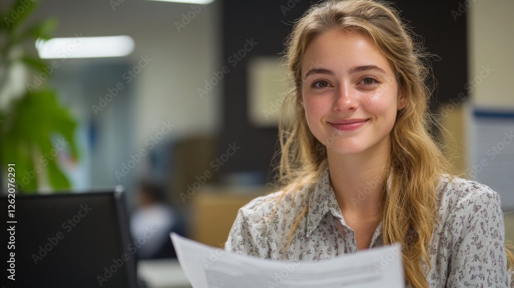 Young Businesswoman Smiling While Reading Paper At Desk In Office