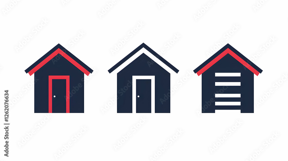 Three house icons; door, garage; white background; real estate Three house icons; door, garage; white background; real estate