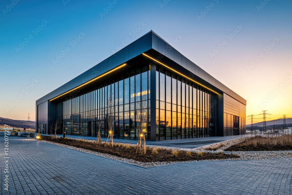 Modern power substation illuminated by sunset with high voltage lines contrasting against a vibrant blue sky Modern power substation illuminated by sunset with high voltage lines contrasting against a vibrant blue sky