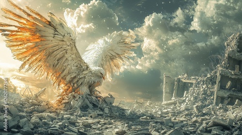 A majestic, fiery-winged creature stands amid a desolate landscape, surrounded by ruins and dramatic clouds, evoking a sense of rebirth and transformation.