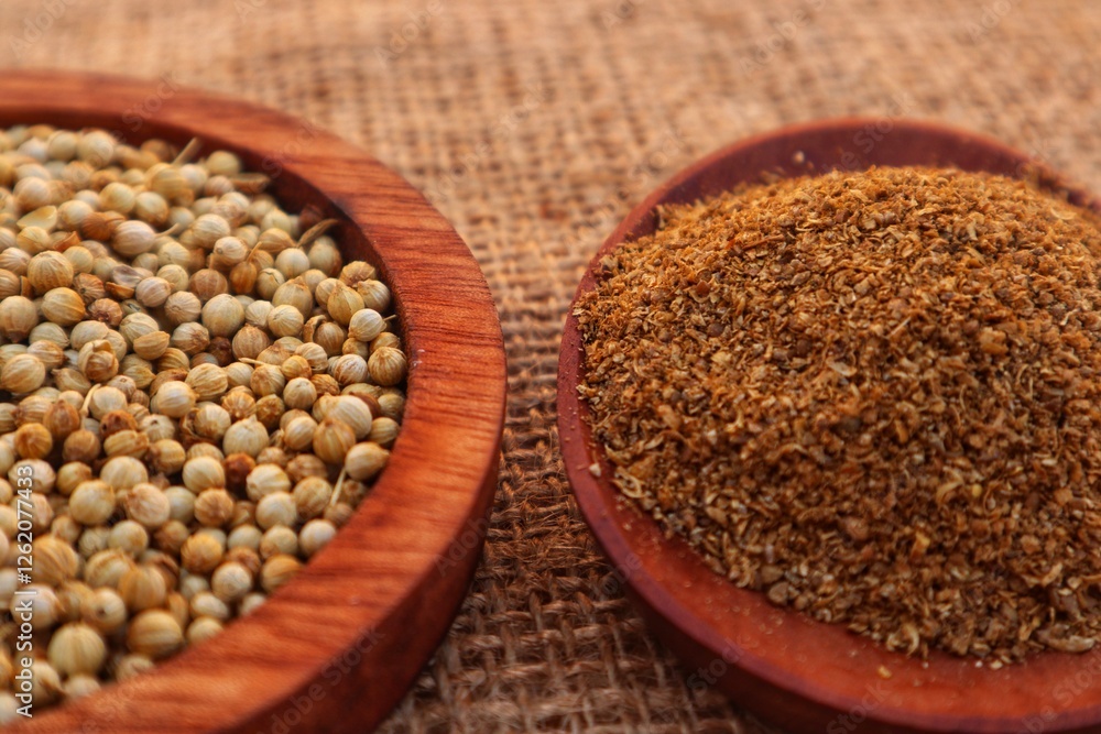 Forms of Coriander Seeds (Coriandrum sativum) and ground coriander with close view. Forms of Coriander Seeds (Coriandrum sativum) and ground coriander with close view.