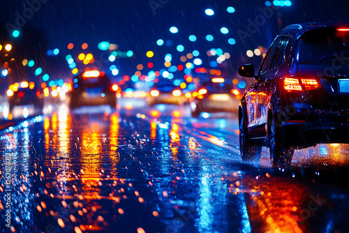 Rain-soaked road in traffic jam with blurred headlights and taillights, heavy rain pouring down, showing a driver's perspective of a tight gridlock at night