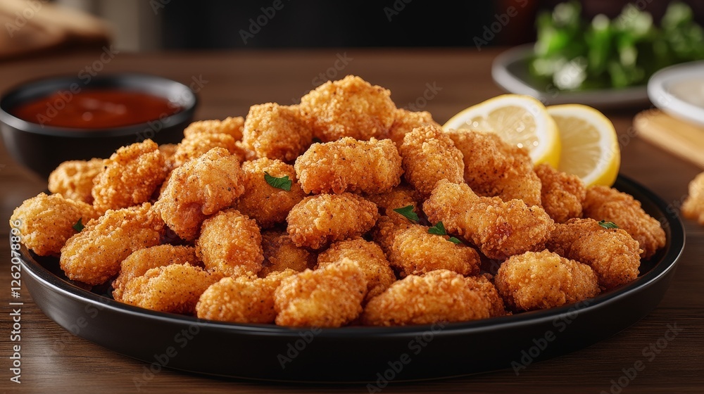 A large platter of golden, crispy fried food garnished with lemon slices. A large platter of golden, crispy fried food garnished with lemon slices.