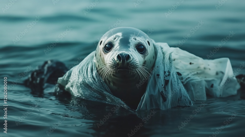 Fototapeta premium Seal trapped in plastic bag swimming in ocean